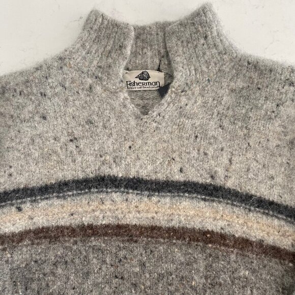 Fisherman Out Of Ireland Pure New Wool Chunky LS Pull Over Sweater Grey Brown M - Picture 5 of 12